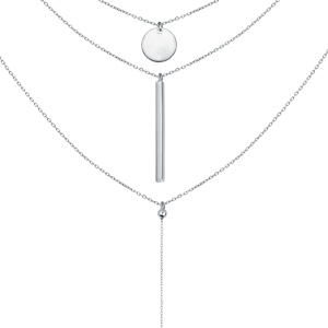 Collier en argent rhodié avec triple chaîne Pendentifs médaille, boules et tube 17cm 42+3cm