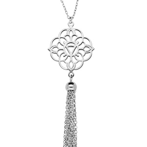 Collier en argent rhodié avec Pendentif fleur de vie ajourée et pompon chaînettes 42+3cm