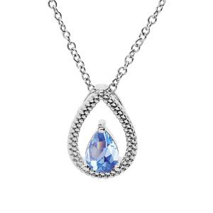 Collier en argent rhodié chaîne avec pendentif goutte et oxyde bleu ciel serti 40+4cm