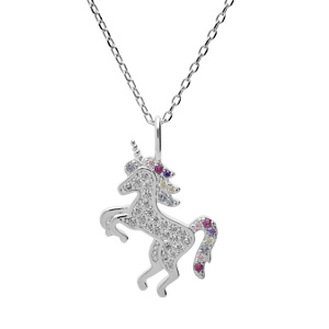 Coller argent rhodié pendentif massif chaîne avec pendentif licorne oxydes multi couleurs sertis 38+5cm