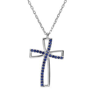 Collier en argent rhodié chaîne avec pendentif croix et oxydse bleus sertis longueur 40+5cm