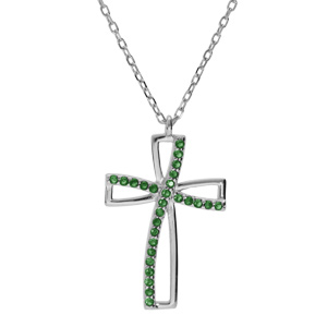 Collier en argent rhodié chaîne avec pendentif croix et oxydes verts sertis longueur 40+5cm