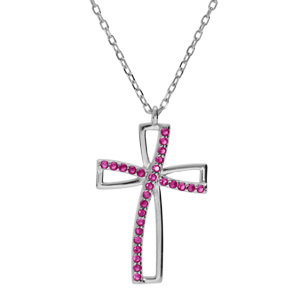 Collier en argent rhodié chaîne avec pendentif croix et oxydes roses sertis longueur 40+5cm