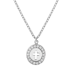 Collier en argent rhodié chaîne avec pendentif ovale croix et contour oxydes blancs sertis 40+5cm