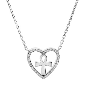Collier en argent rhodié chaîne avec pendentif coeur évidé et croix lisse contour oxydes blancs sertis 40+5cm