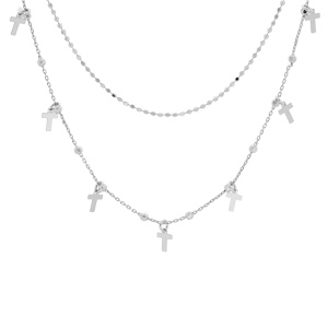 Collier en argent rhodié double chaîne avec pampilles croix 40+5cm
