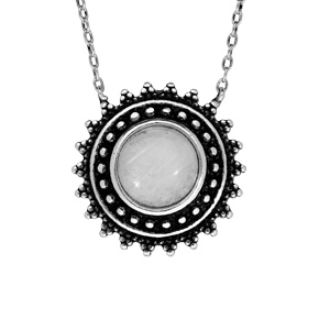 Collier en argent patiné Pendentif rond et pierre de lune 42+3cm