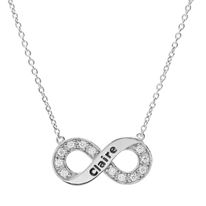 Collier en argent platiné chaîne avec pendentif infini prénom à graver avec oxydes blancs sertis 42+3cm