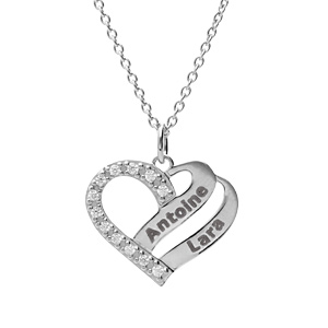 Collier en argent platiné chaîne avec pendentif coeur prénom à graver avec oxydes blancs sertis 42+3