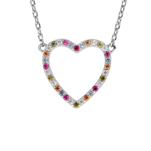 Collier en argent rhodié avec coeur évidé pavé d’oxydes multi couleurs 42+3cm