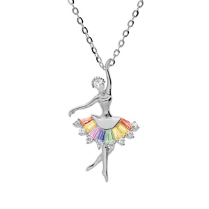Collier en argent rhodié chaîne avec pendentif danseuse tutu multi couleurs 43cm réglable 41 et 39cm