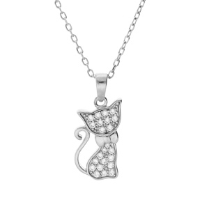 Collier en argent rhodié chaîne avec pendentif chat oxydes blancs sertis 43cm réglable 41 et 39cm