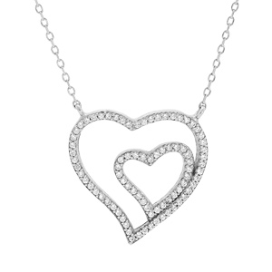 Collier en argent rhodié chaîne avec double coeur et oxydes blancs sertis 41+2cm