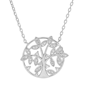 Collier en argent rhodié chaîne avec rond motif arbre de vie oxydes blancs sertis 39+2,5cm