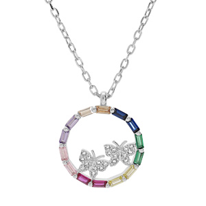 Collier en argent rhodié chaîne avec cercle de pierres multicouleurs et papillons oxydes blancs sertis 41+2,5cm