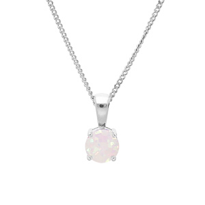 Collier en argent rhodié chaîne avec pendentif rond Opale blanche de synthèse 5mm serti 4 griffes 42+3cm