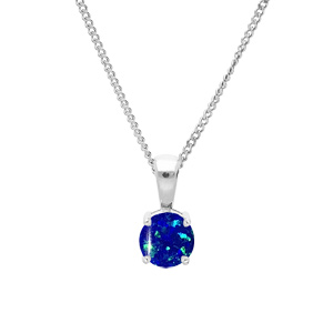 Collier en argent rhodié chaîne avec pendentif rond Opale bleu foncé de synthèse 5mm serti 4 griffes