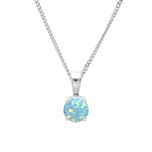 Collier en argent rhodié chaîne avec pendentif rond Opale turquoise de synthèse 5mm serti 4 griffes 42+3cm