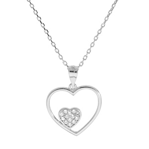 Collier en argent rhodié chaîne avec pendentif coeur évidé avec petit coeur oxydes blancs sertis 40+
