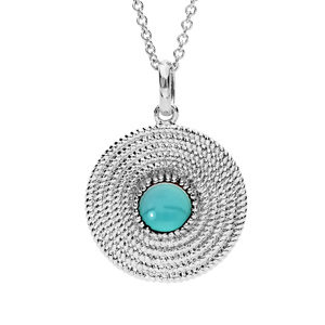 Collier en argent rhodié avec Pendentif ethnique rond avec pierre de synthèse amazonite 40+4cm