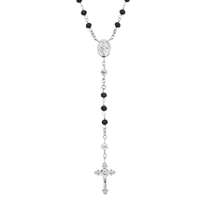 Collier en argent rhodié chapelet avec perles en verre facette noire 50+5cm