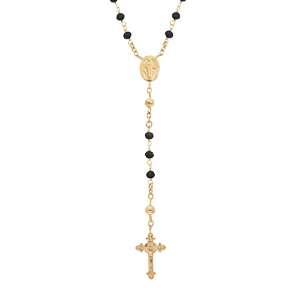 Collier en argent et dorure jaune chapelet avec perles en verre facette noires 50+5cm