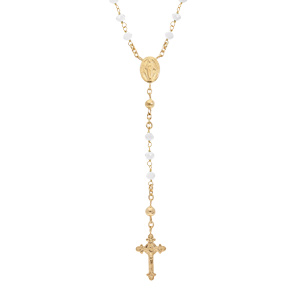 Collier en argent et dorure jaune chapelet avec perles en verre facette blanc 50+5cm
