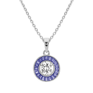 Collier en argent rhodié chaîne avec pendentif rond centre oxyde blanc et contour oxydes rectangulaires bleus 40+5cm