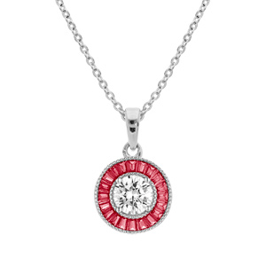 Collier en argent rhodié chaîne avec pendentif rond centre oxyde blanc et contour oxydes rectangulaires roses 40+5cm