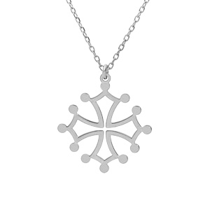 Collier en argent rhodié chaîne avec pendentif croix Occitane grand modèle 41+4cm