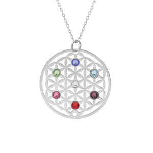 Collier en argent rhodié chaîne avec petit pendentif fleur de vie oxydes multi couleurs 40+5cm
