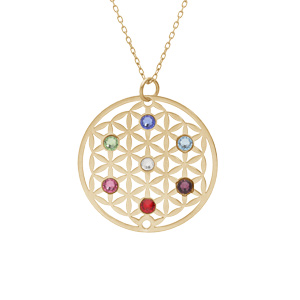Collier en argent et dorure jaune chaîne avec petit pendentif fleur de vie oxydes multi couleurs 40+