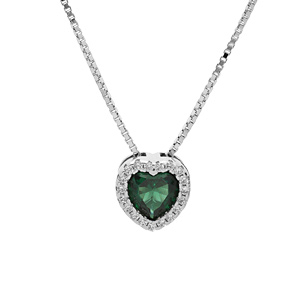 Collier en argent rhodié avec pendentif coeur oxyde vert et contour oxydes blancs sertis 42+3cm