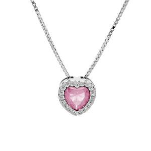 Collier en argent rhodié avec pendentif coeur oxyde rose et contour oxydes blancs sertis 42+3cm