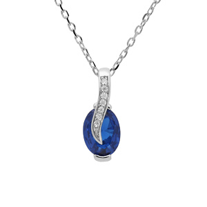 Collier en argent rhodié chaîne avec pendentif goutte d’oxyde bleu foncé et drapé avec oxydes blancs sertis 42+3cm