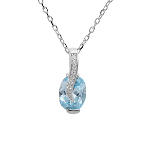 Collier en argent rhodié chaîne avec pendentif goutte d’oxyde bleu ciel et drapé avec oxydes blancs sertis 42+3cm