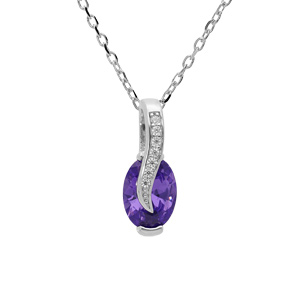 Collier en argent rhodié chaîne avec pendentif goutte d’oxyde violet et drapé avec oxydes blancs sertis 42+3cm