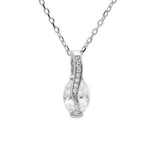 Collier en argent rhodié chaîne avec pendentif goutte d’oxyde blanc et drapé avec oxydes blancs sertis 42+3cm