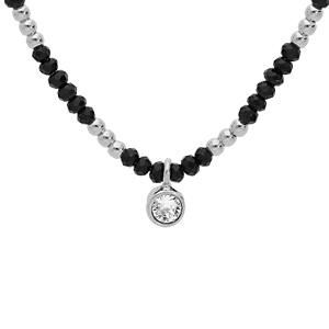 Collier en argent rhodié pierres facetées noires et pampille oxyde blanc serti 42+3cm