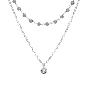 Collier en argent rhodié double rang pierres facetées grises et pampille oxyde blanc serti 42+3cm