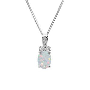 Collier en argent rhodié chaîne avec pendentif Opale blanche de synthèse ovale 4 griffes et oxydes blancs sertis 42+3cm