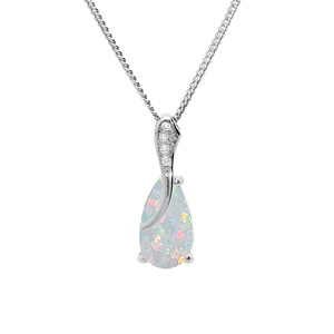 Collier en argent rhodié chaîne avec pendentif Opale blanche de synthèse forme de goutte et oxydes b