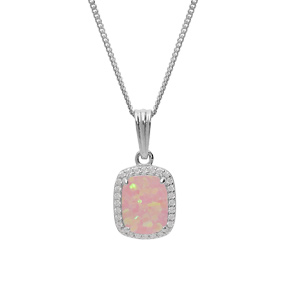 Collier en argent rhodié chaîne avec pendentif carré Opale rose de synthèse et oxydes blancs sertis 