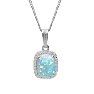 Collier en argent rhodié chaîne avec pendentif carré Opale turquoise de synthèse et oxydes blancs sertis 42+3cm