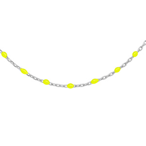 Collier Sautoir en argent rhodié chaîne avec olives couleur jaune fluo 60+10cm
