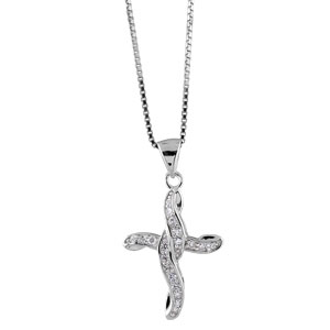 Collier en argent rhodié chaîne avec pendentif croix chrétienne en 2 rubans ouvragés - longueur 42cm