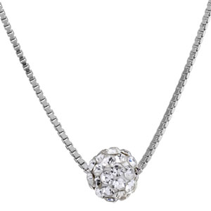 Collier en argent rhodié chaîne maille vénitienne avec pendentif petite boule ornée d'oxydes blancs 