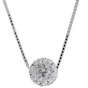 Collier en argent rhodié chaîne avec pendentif moyenne boule en résine et strass blancs - longueur 3