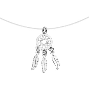 Collier en argent rhodié fil nylon et pendentif petit attrape rêve 37cm