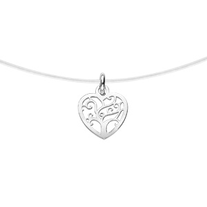 Collier en argent rhodié fil nylon et pendentif petit coeur 37cm